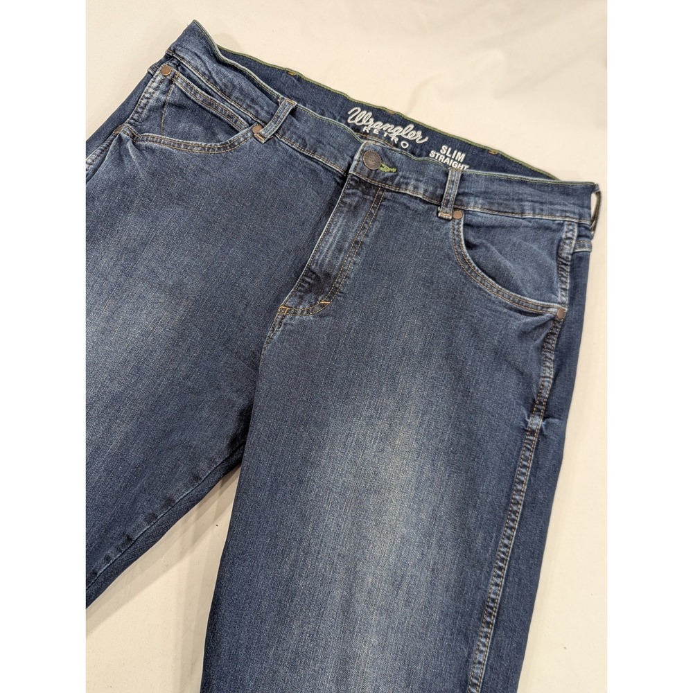 Wrangler Retro Slim Straight Blue Wash Denim Jeans Mens Size 35x34 True Excellen